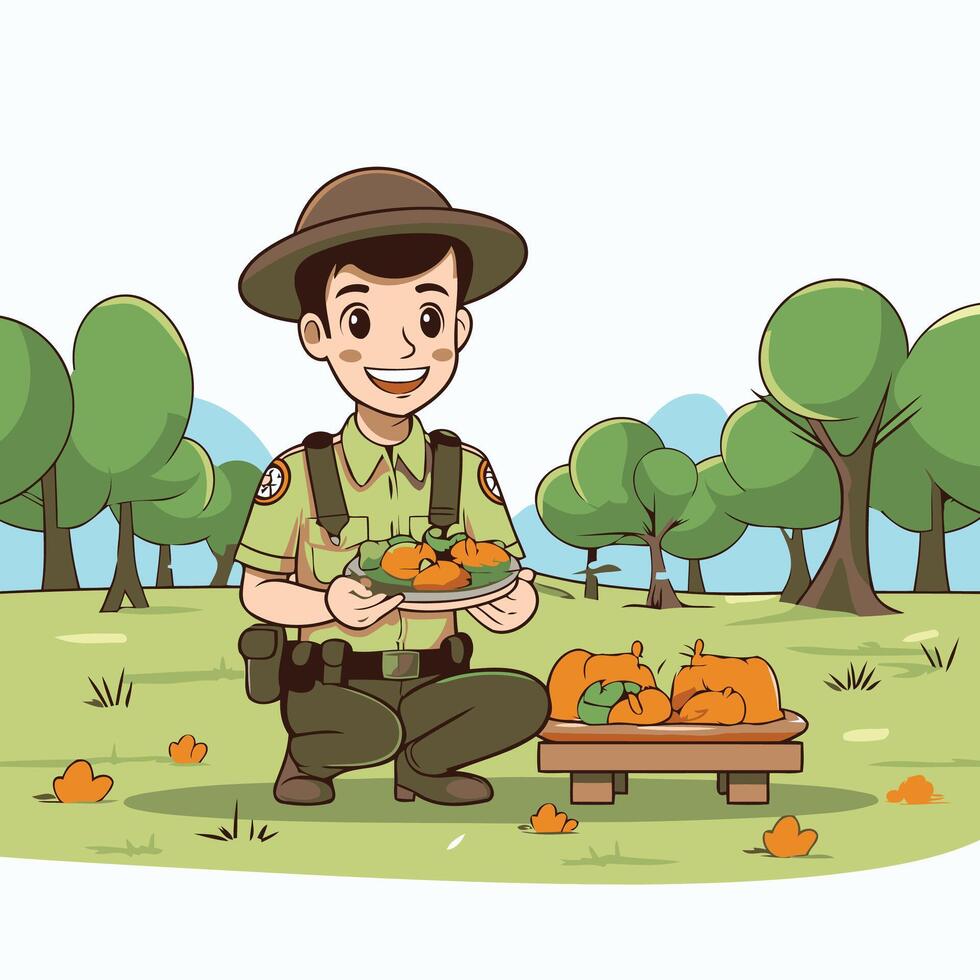 Farmer with pumpkins in the park Cartoon illustration vector