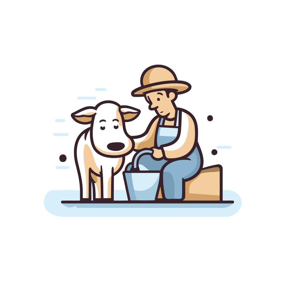 Farmer watering a cow illustration in thin line style vector