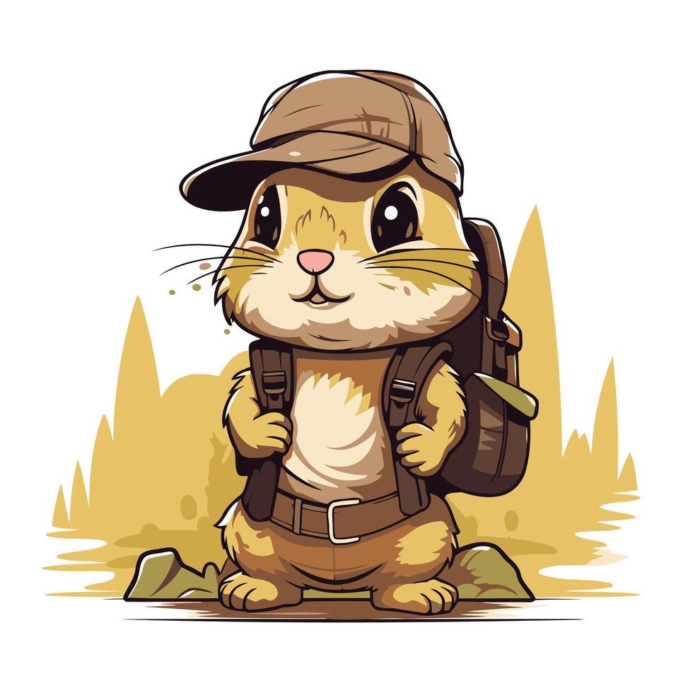 Funny hamster in a cap with a backpack illustration vector