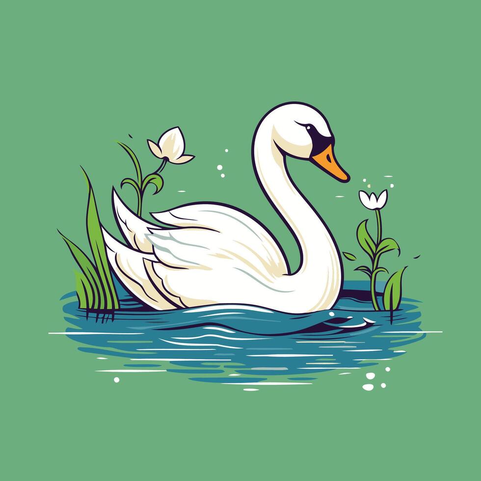 Swan on the lake with flowers illustration in cartoon style vector