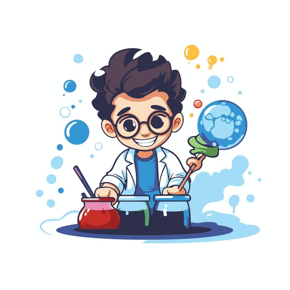 Cute little boy making science experiments in laboratory illustration vector