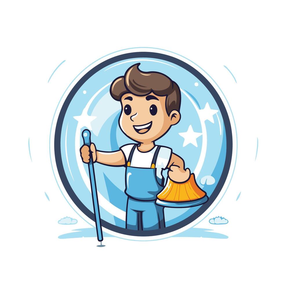 Cute little boy with a broom in his hand illustration vector