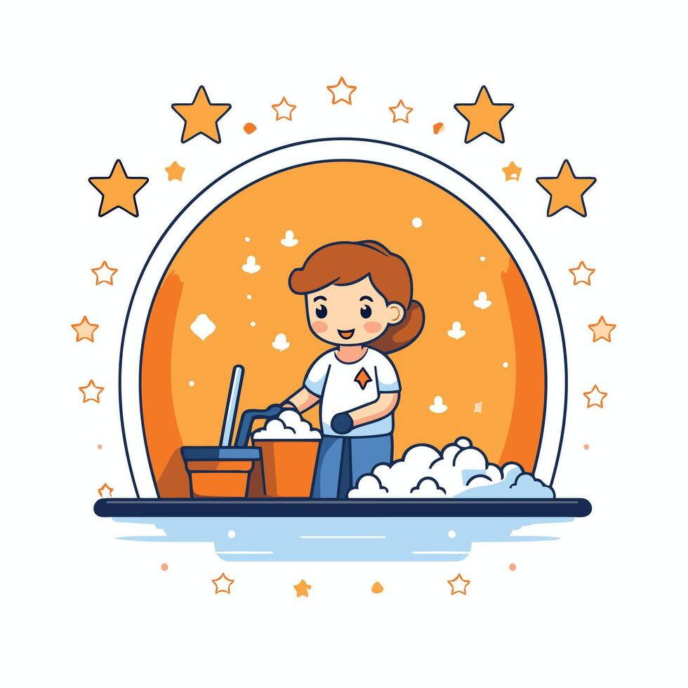 Cleaning service concept Cute little boy washing dishes illustration vector