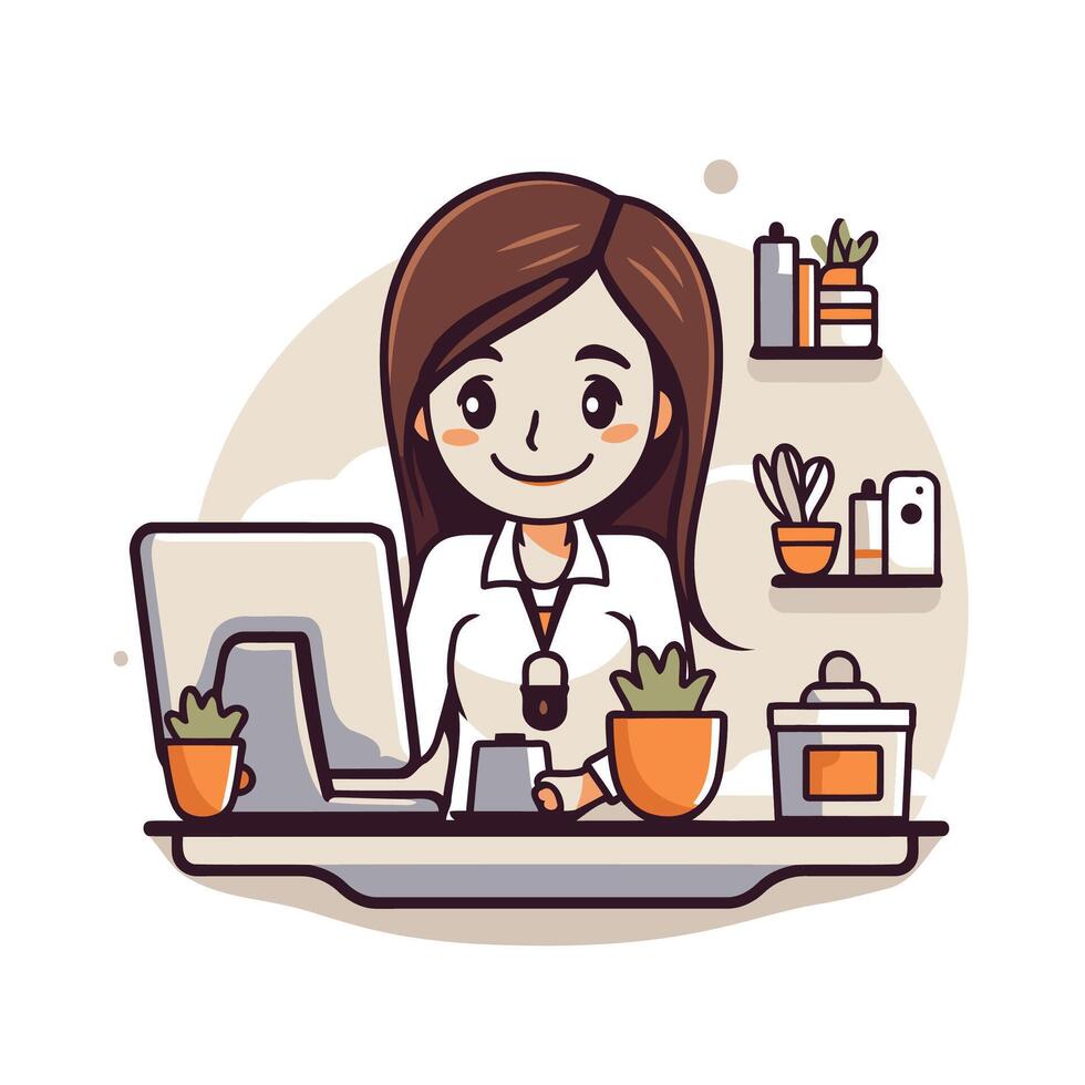 element illustration of a female doctor sitting at the table in front of a computer vector
