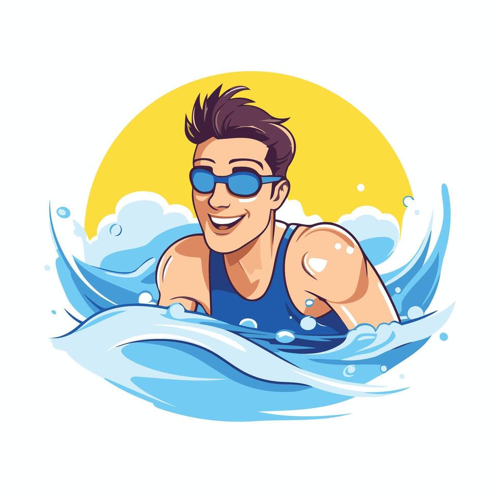 Swimming man with glasses in the water illustration Isolated on white background vector
