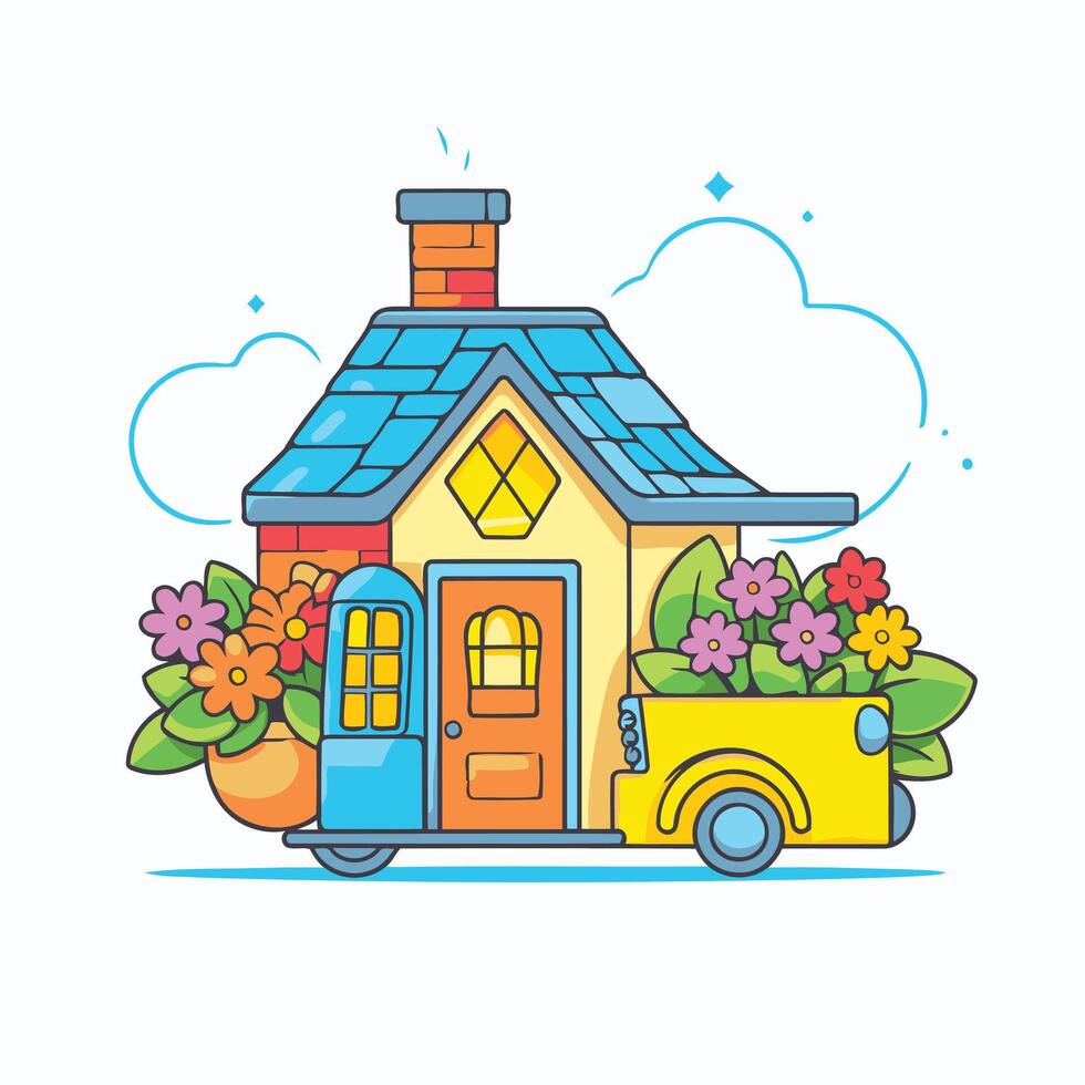 House with flowers and a toy car Flat style illustration vector