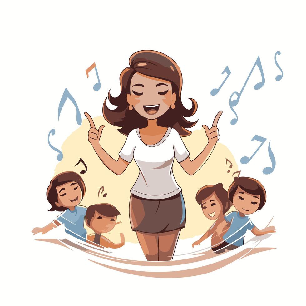 Happy mother playing music with her children illustration in cartoon style vector