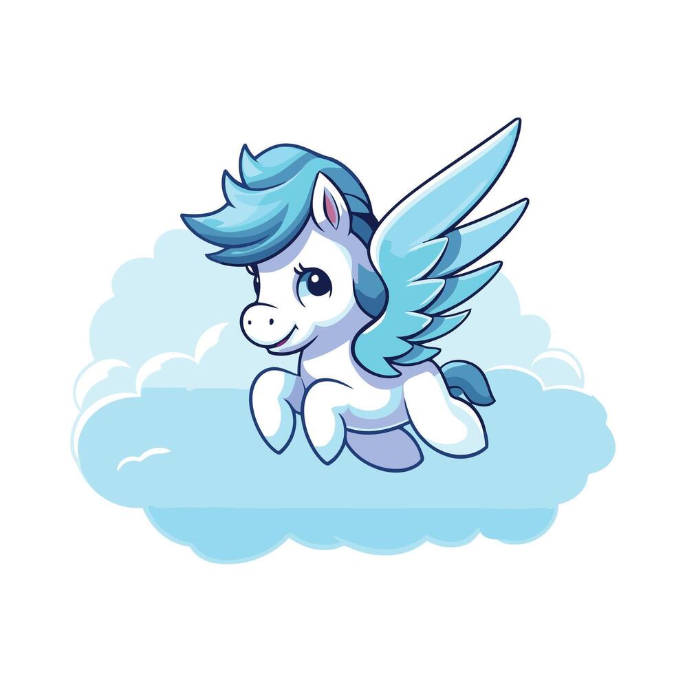 Cute cartoon blue unicorn flying in the clouds illustration vector
