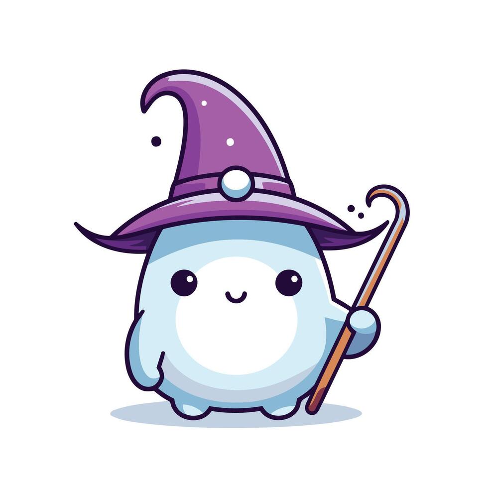 cute snowman with witch hat and magic wand element illustration design vector