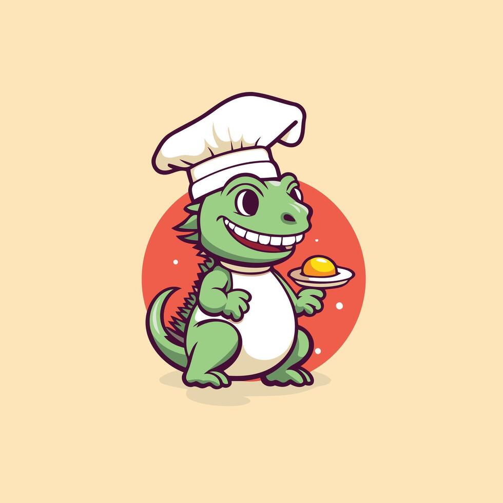 Cute crocodile chef cartoon illustration Cute crocodile in chef hat with egg vector