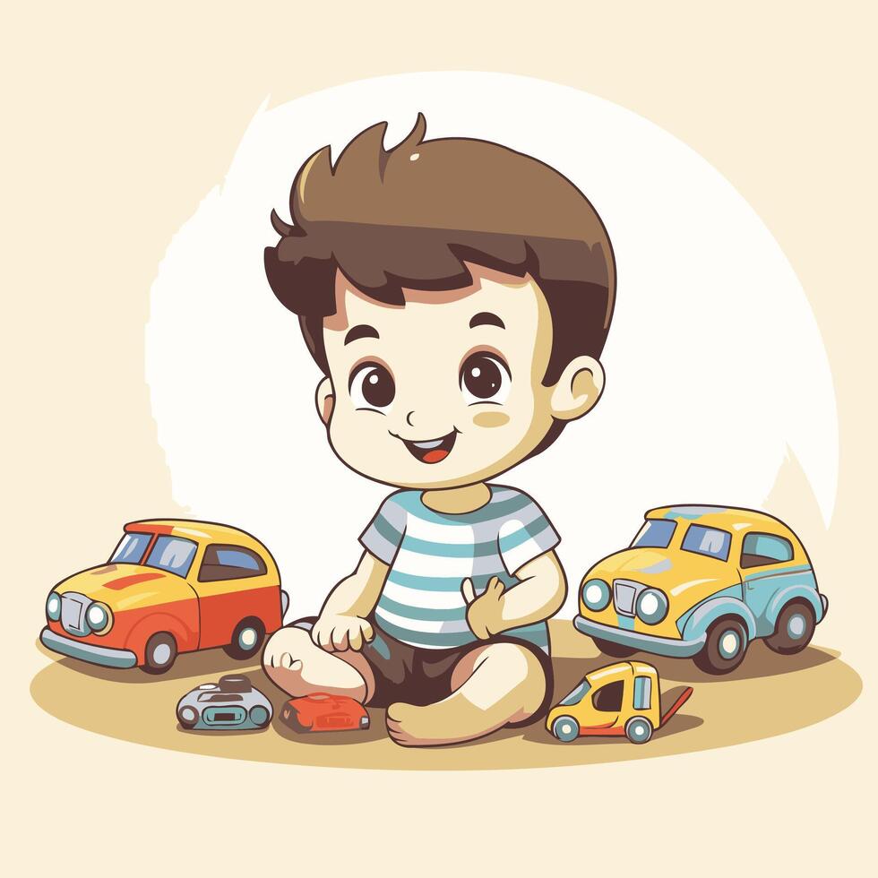 cute little boy playing with toys illustration in cartoon style vector
