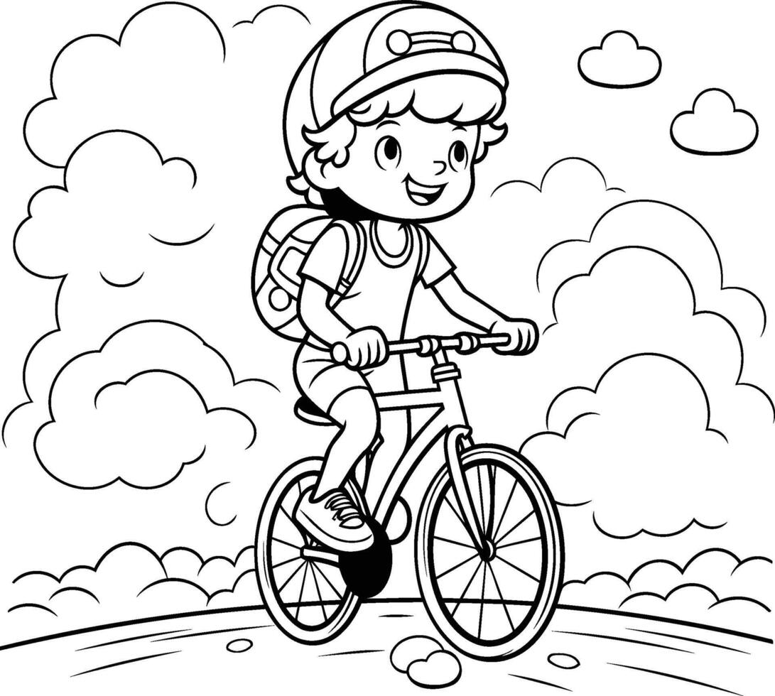 Boy in helmet riding bicycle Coloring book page for kids vector