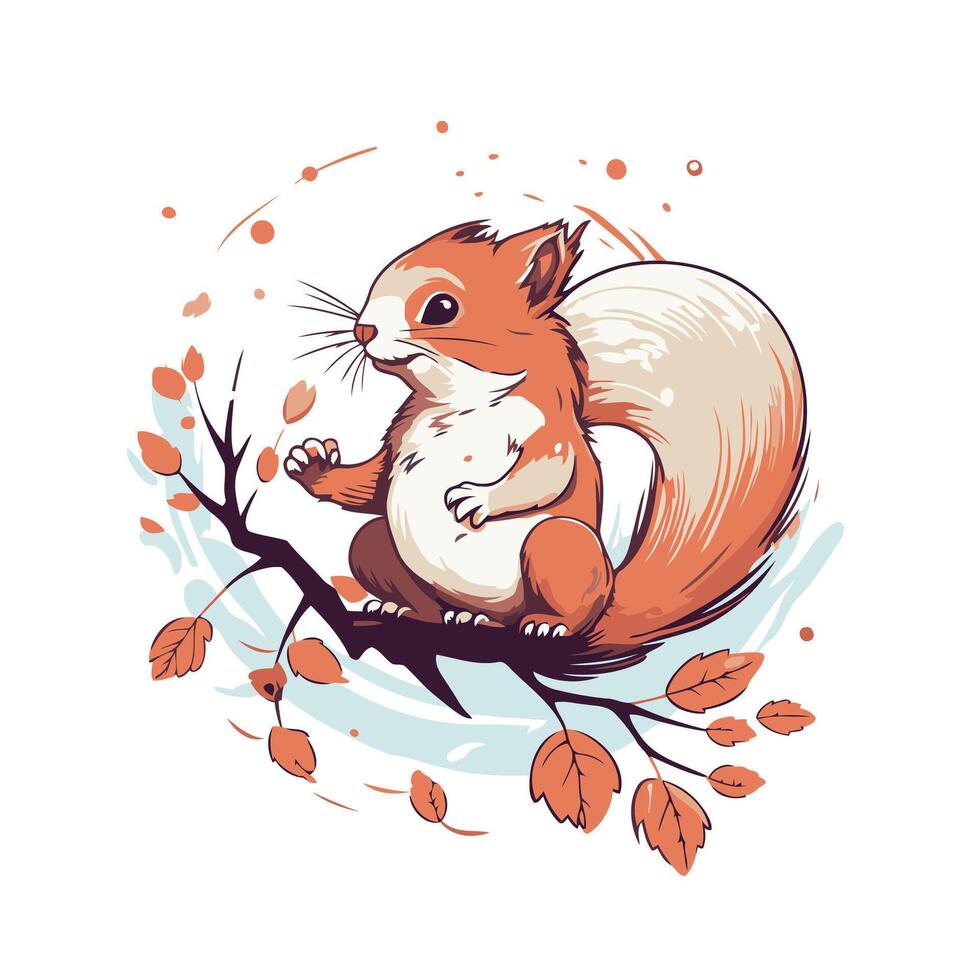 Cute squirrel sitting on a tree branch with autumn leaves illustration vector
