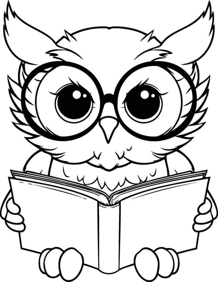 Owl reading a book Black and white illustration for coloring book vector