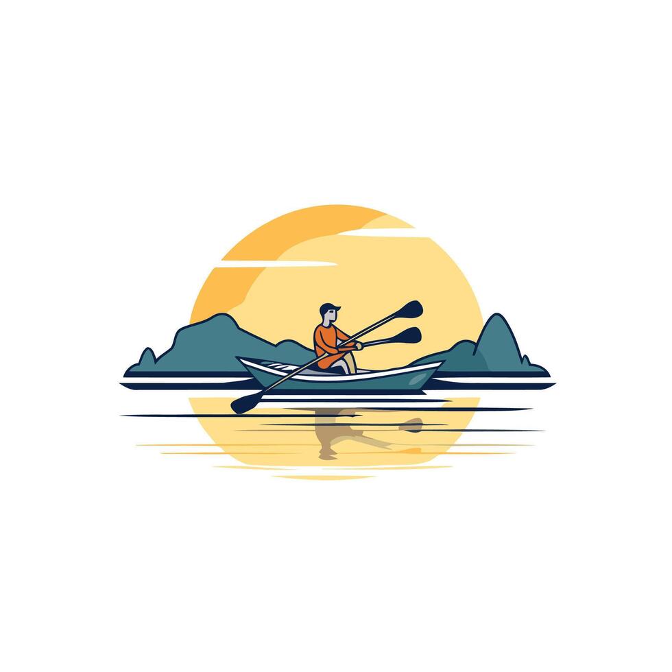 Man rowing on a kayak in the river Flat illustration vector