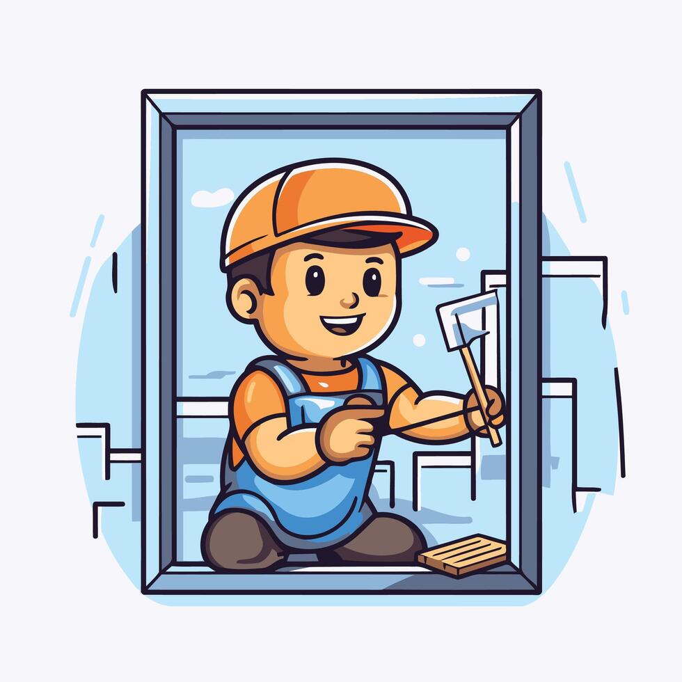 Cartoon handyman cleaning window illustration in cartoon style vector