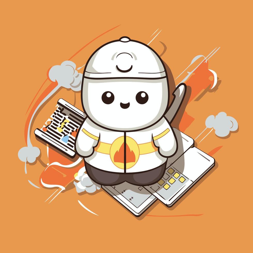 Cute robot working on laptop flat cartoon character illustration vector