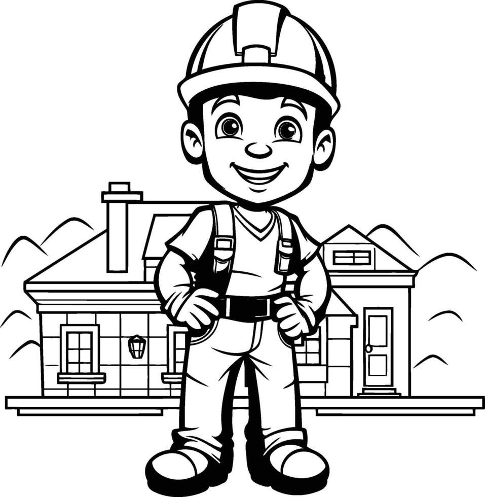 Cute cartoon construction worker in front of house element illustration graphic design vector