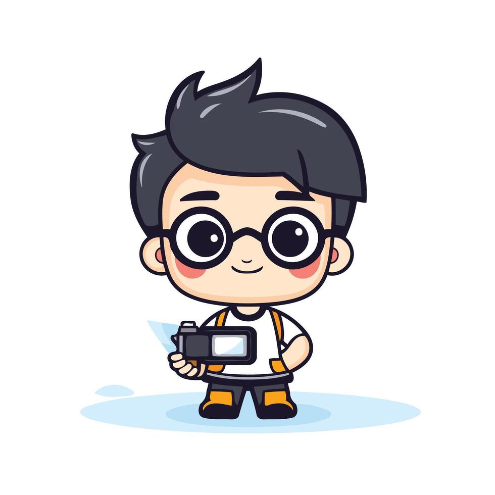 Cute photographer boy with camera flat cartoon character illustration vector