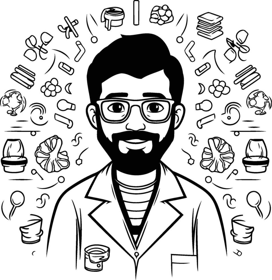 Male scientist with science icons around him illustration in cartoon style vector