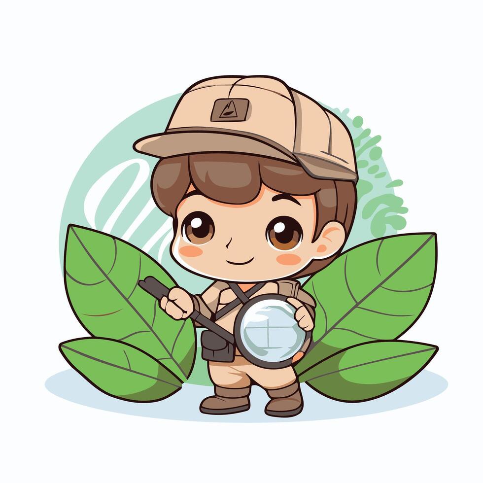 Cute boy with a magnifying glass and leaves illustration vector