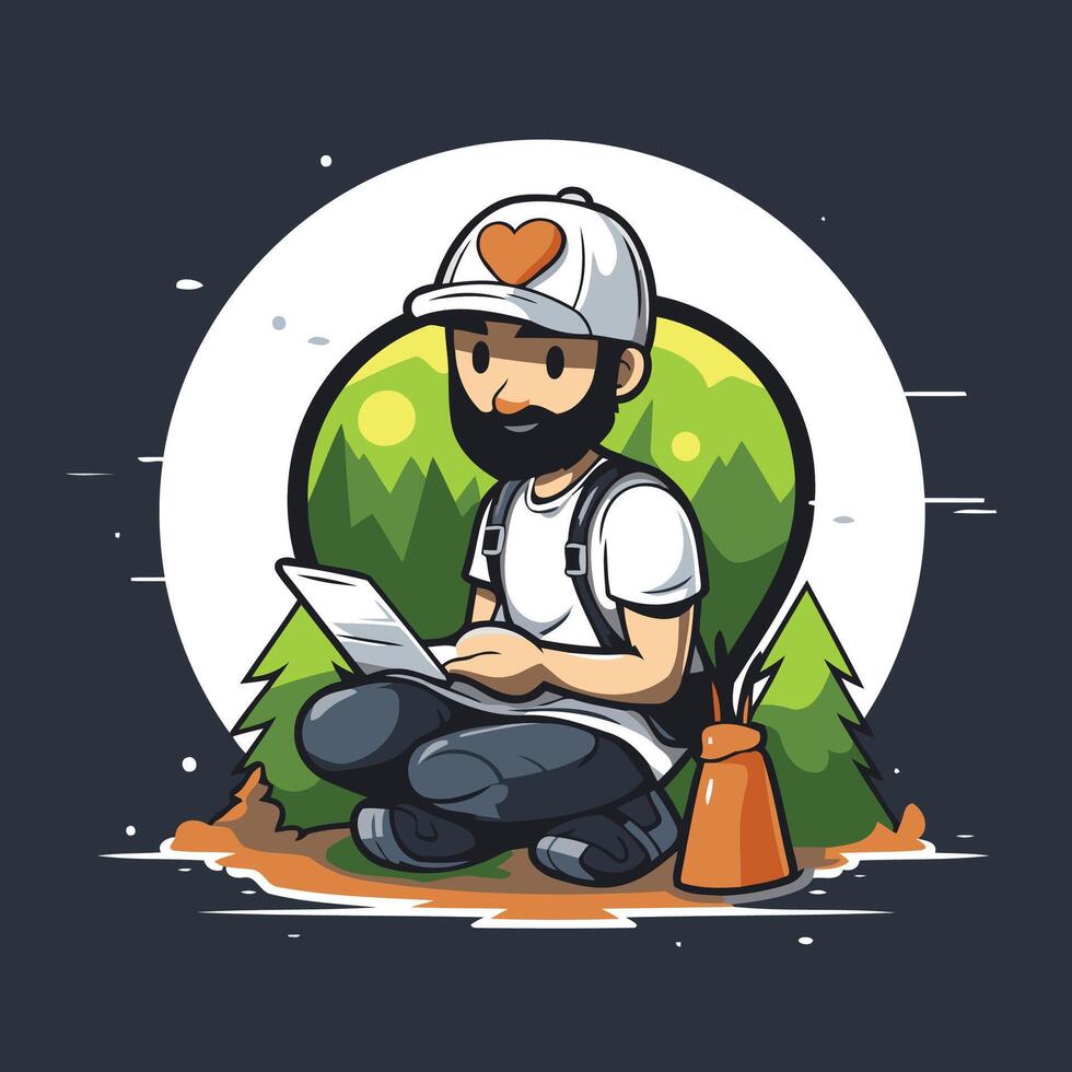 Lumberjack with a laptop in his hand illustration vector