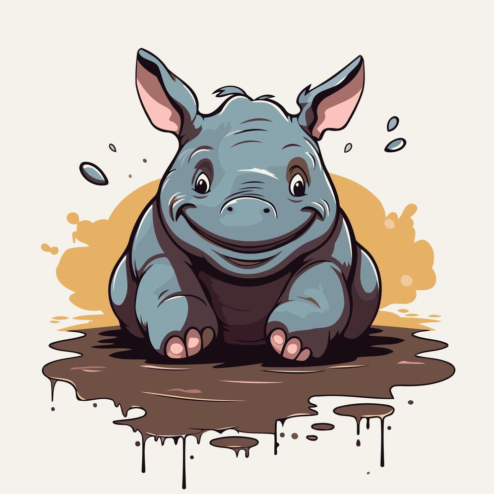 Cartoon hippo in a mud puddle illustration vector