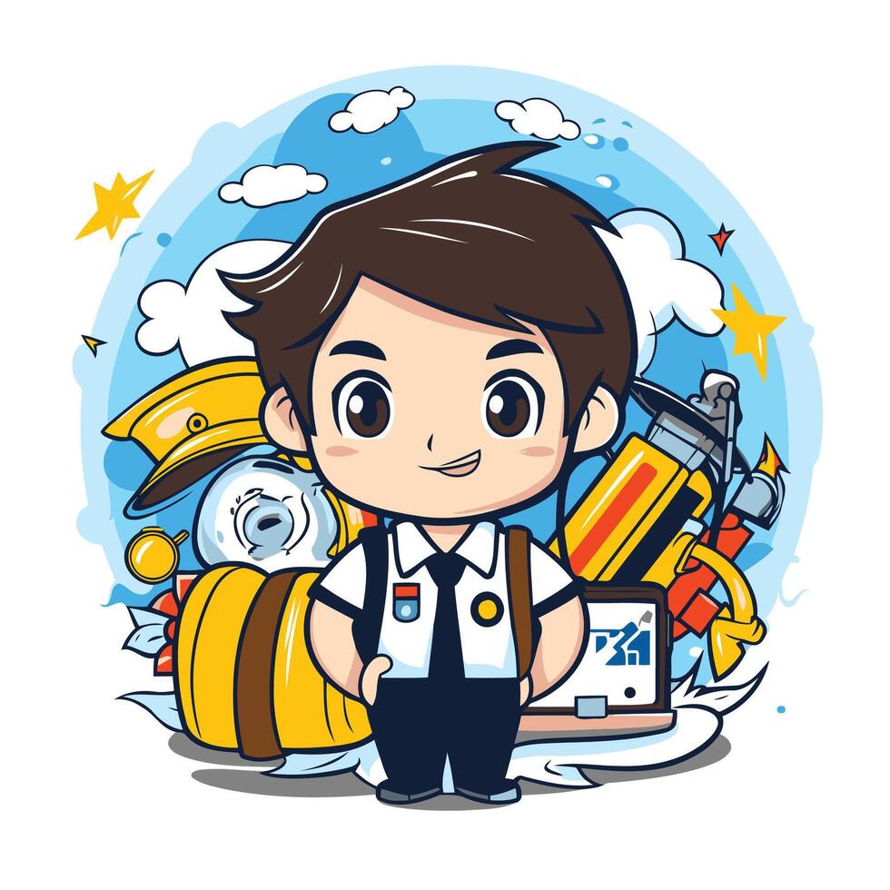 Cute cartoon boy with suitcase and airplane in the sky illustration vector