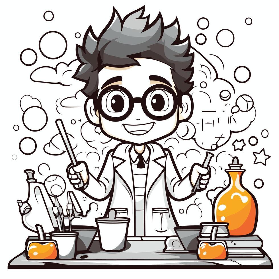 Illustration of a Kid Boy Wearing Glasses Doing Science Experiment vector