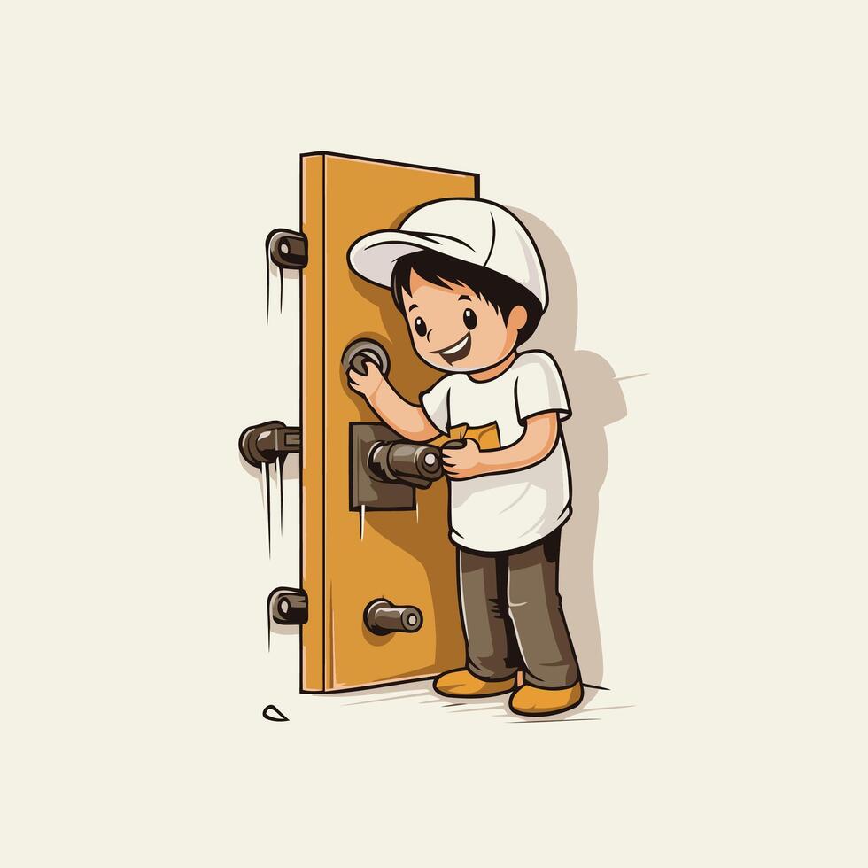 Cartoon illustration of a handyman in uniform repairing a door vector