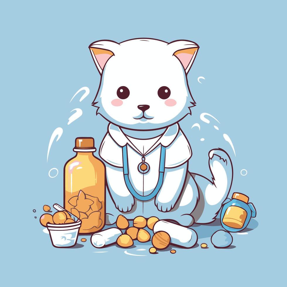 Cute cat with pills and a bottle of medicine illustration vector