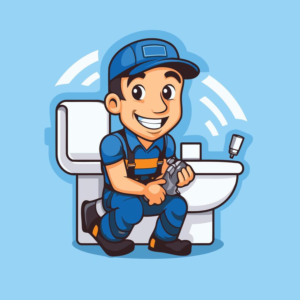 Plumber with a gun in the toilet cartoon illustration vector
