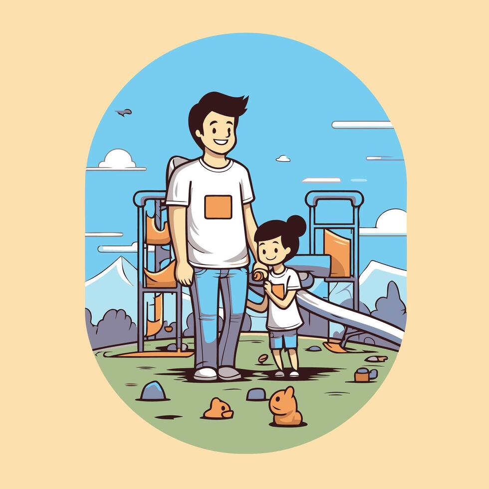 Father and son playing on playground illustration in cartoon style vector