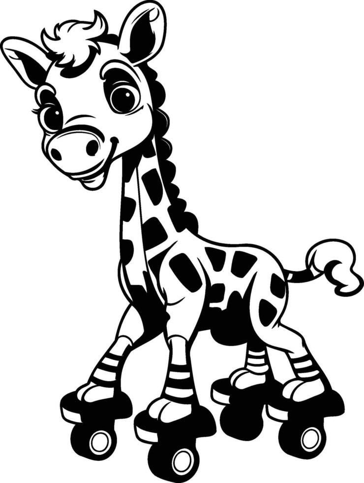 Black and white element illustration of a giraffe on roller skates vector