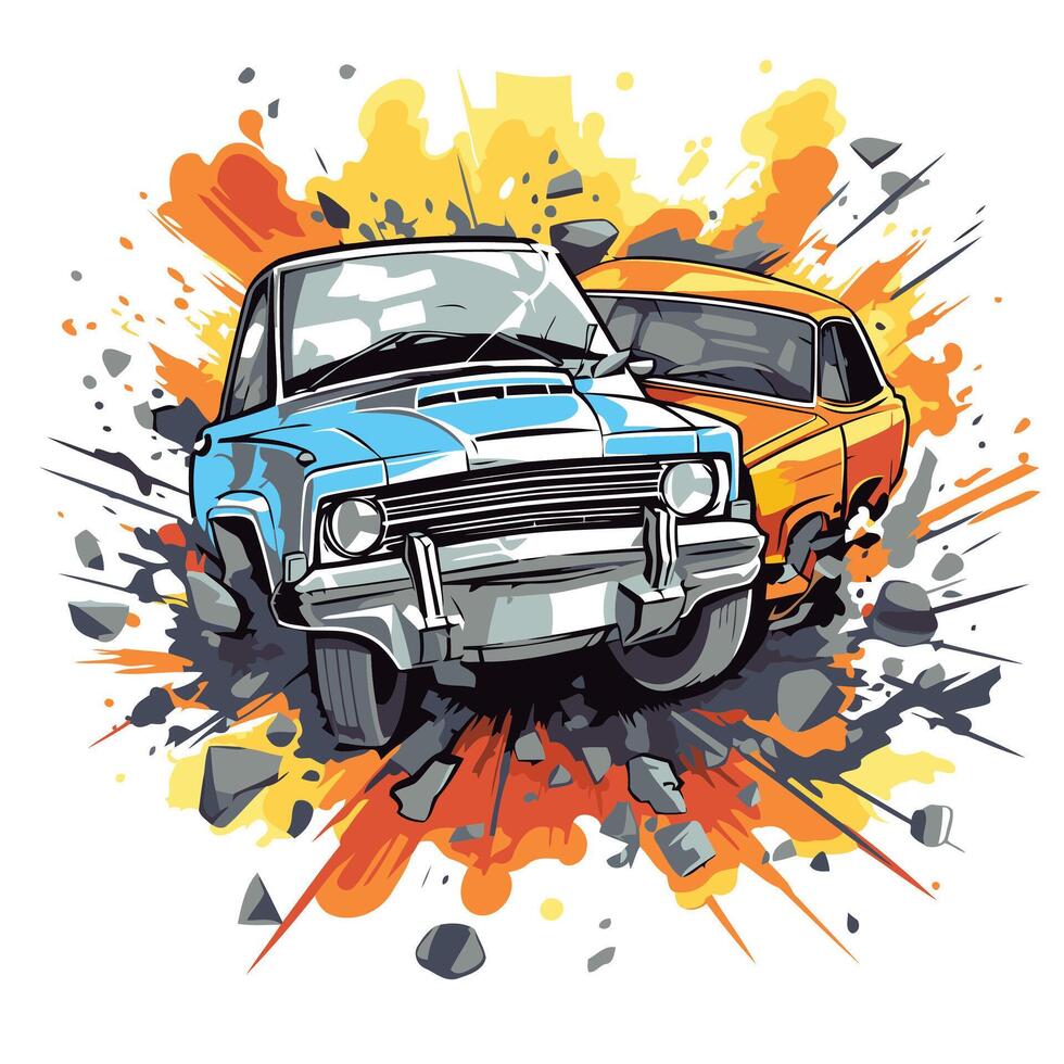element illustration of an old car on a grunge background with splashes vector
