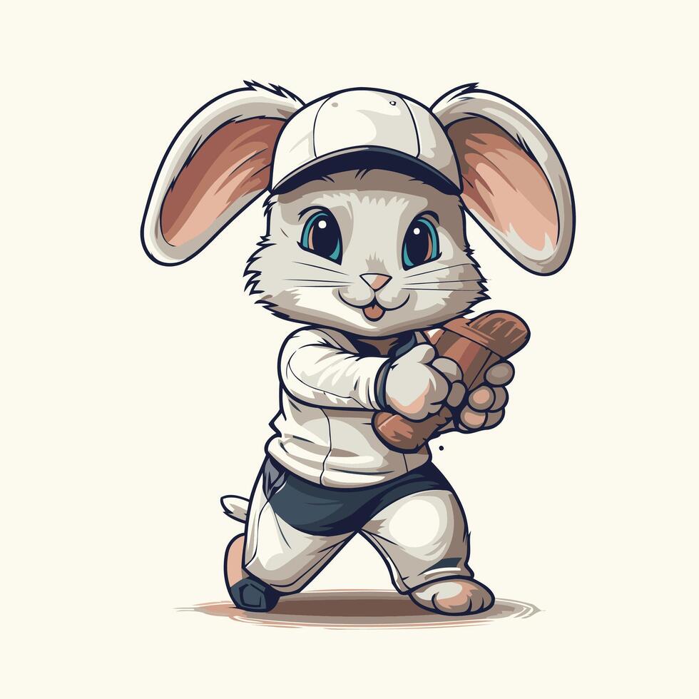 Cute rabbit in baseball cap holding baseball bat illustration vector