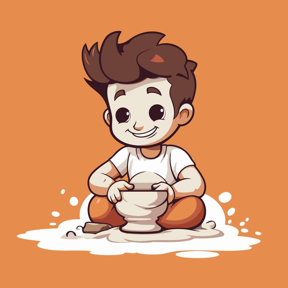 Cute little boy playing pottery cartoon character illustration vector