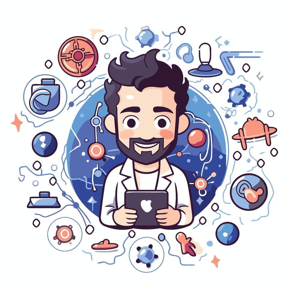 Scientist with tablet in his hand illustration in cartoon style vector
