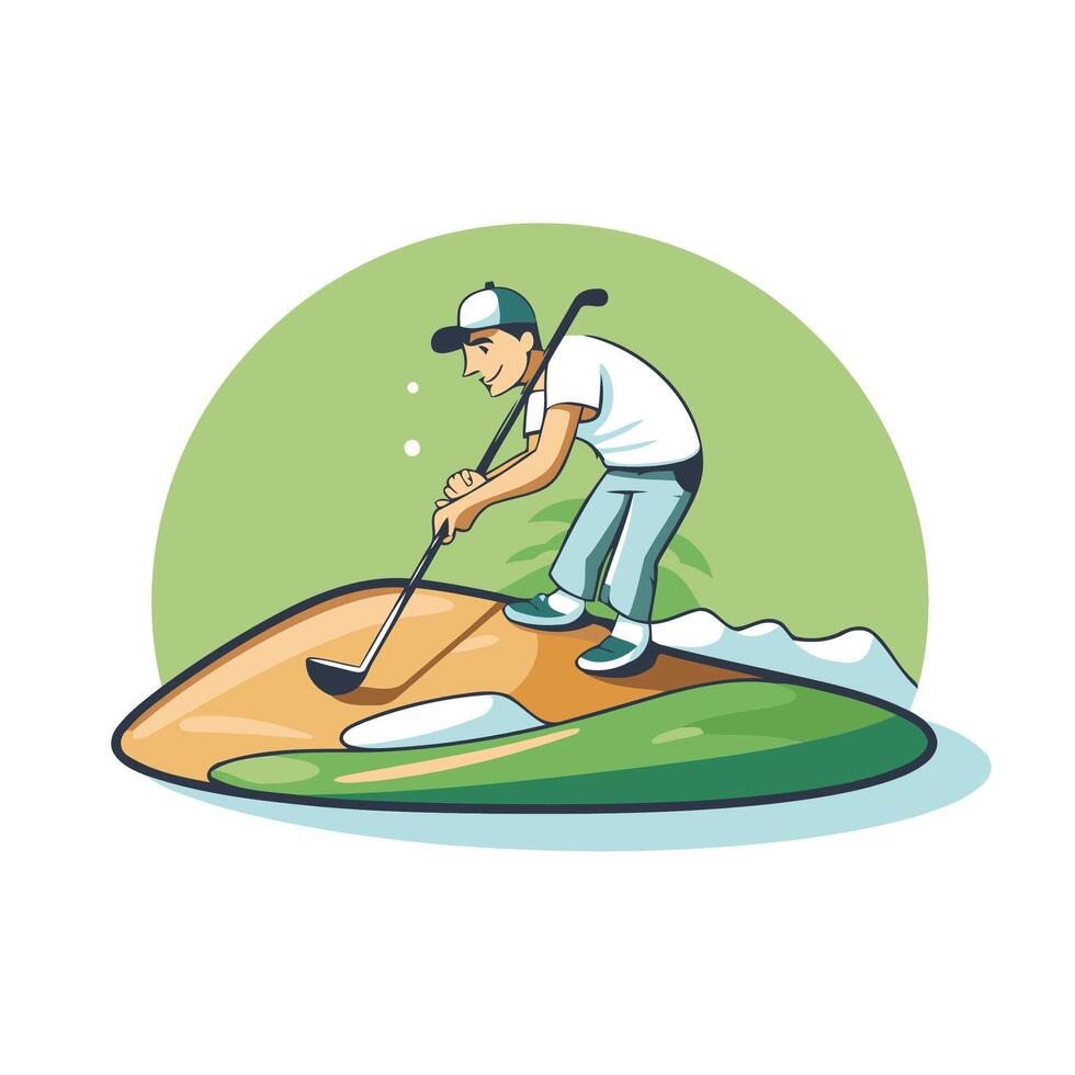 Golfer on golf course illustration in cartoon style vector