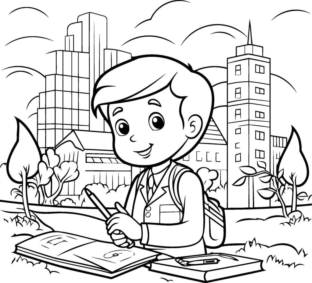 Black and White Cartoon Illustration of Boy Student Studying or Learning Outside the City vector
