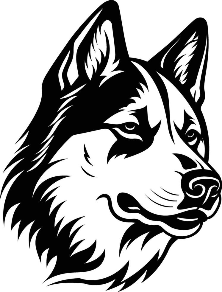 A bold and striking black and white illustration of a husky's head, perfect for tattoos, logos, or design projects vector