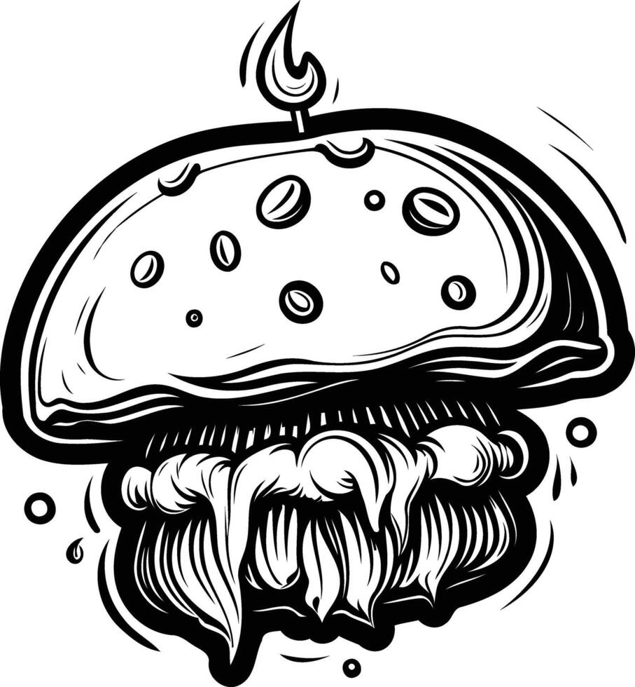 A bold and unique black and white illustration of a mushroom with a flame on top vector
