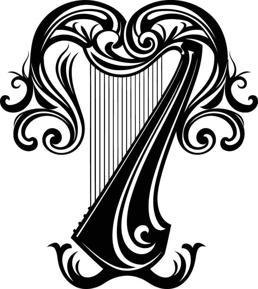 Ornate harp silhouette with intricate floral design vector