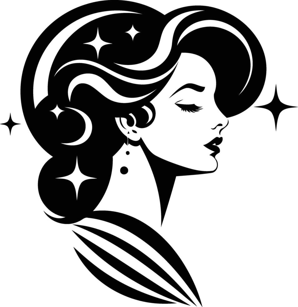 Elegant black and white illustration of a woman with flowing hair and a celestial motif vector