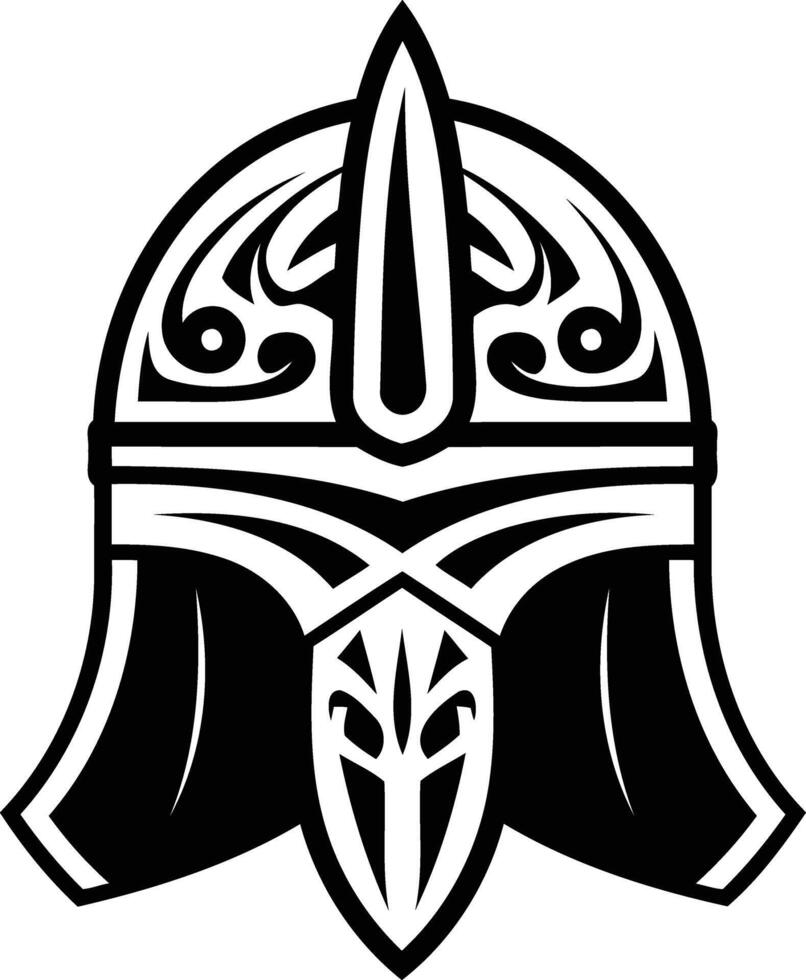 A black and white illustration of a detailed, ornate viking helmet with intricate patterns and a pointed crest vector