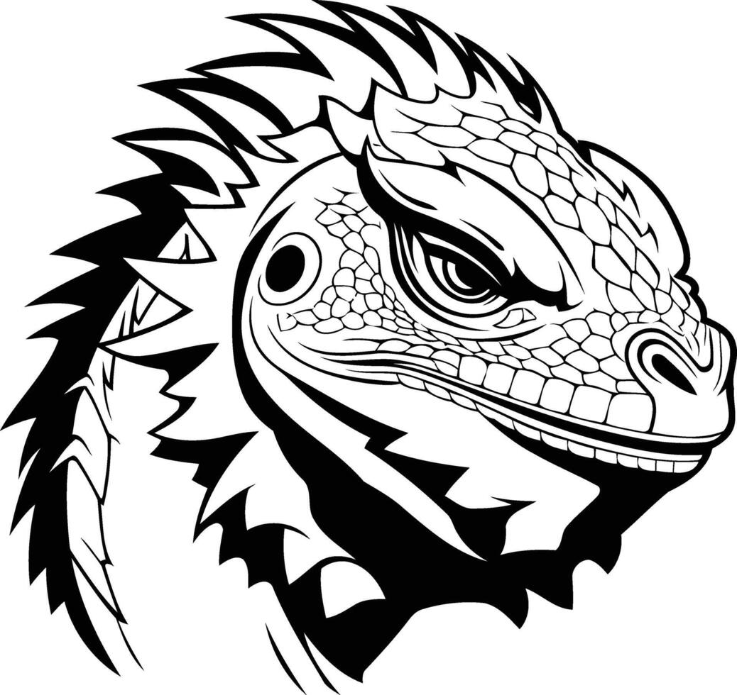 Fierce and detailed black and white illustration of an iguana head, perfect for tattoos, logos, and designs vector