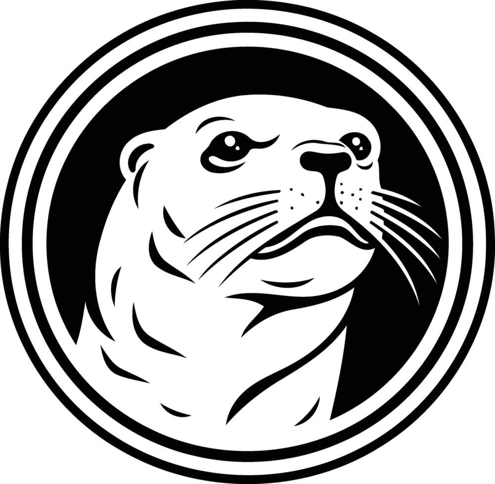 Black and white element illustration of an otter's head in a circular frame, perfect for logos, branding, or design projects vector