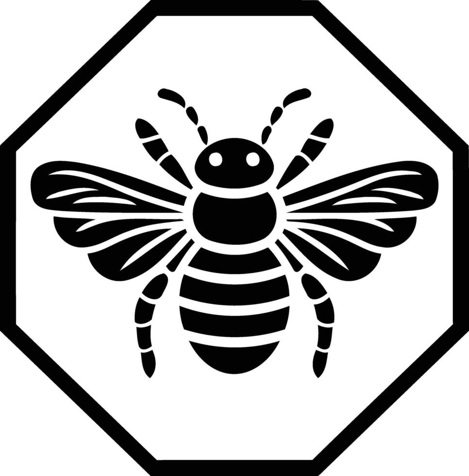 Black and white element illustration of a stylized bee inside a hexagonal frame, perfect for designs focused on nature, insects, and sustainability vector