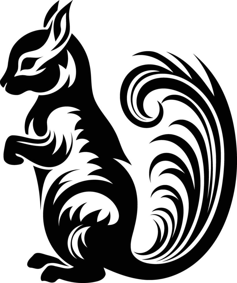 Black and white element illustration of a stylized squirrel with a flowing, intricate tail vector