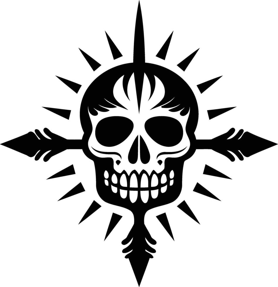 A bold, black and white illustration of a skull with an arrow piercing through its head, surrounded by a starburst effect vector